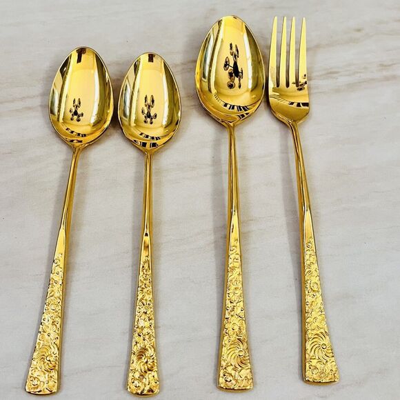 STANLEY ROBERTS Golden Flower Garden (Gold Electroplate) 4pc Flatware Spoon Fork - Picture 1 of 10
